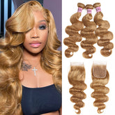 #27 Body Wave Human Hair With Closure Virgin Hair 3 Bundles With 4x4 Closure